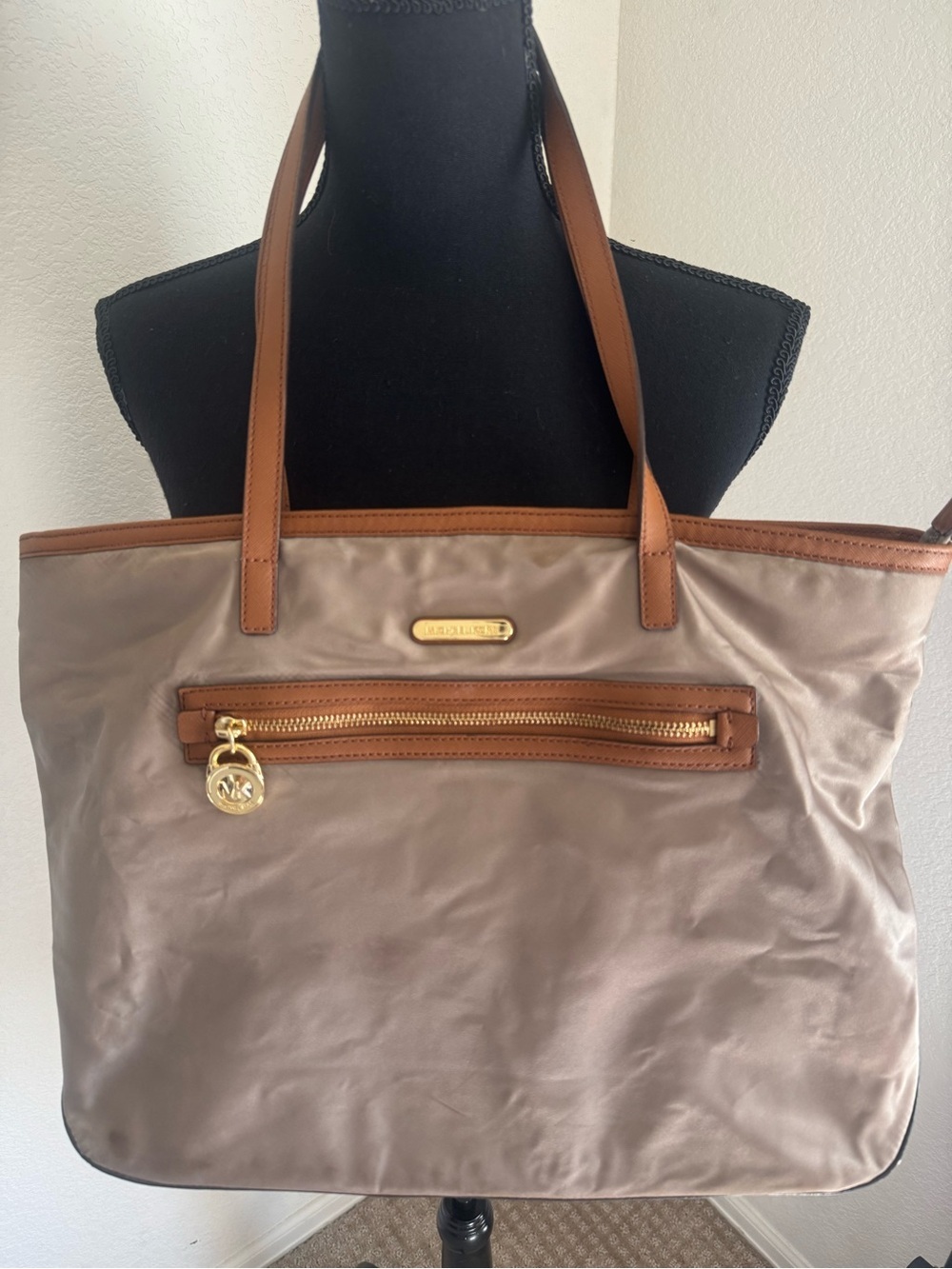 Michael Kors Beige Nylon Tote with Brown Leather Trim and Gold Hardware